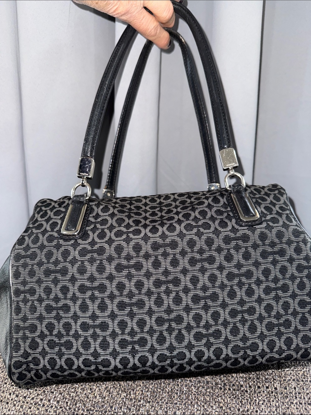 COACH Madison Needlepoint Op Art Grey/ Black Canvas Shoulder Bag #25215 - Picture 7 of 10